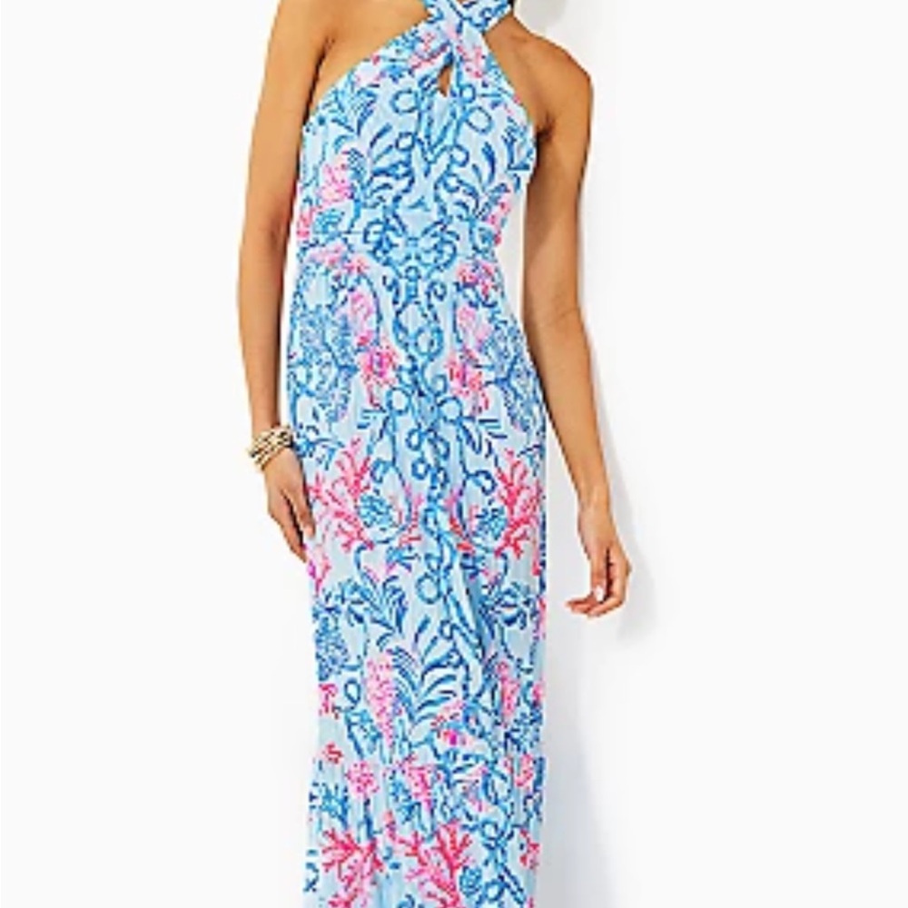 Lilly Pulitzer Blue Pink Floral Halter Maxi Dress